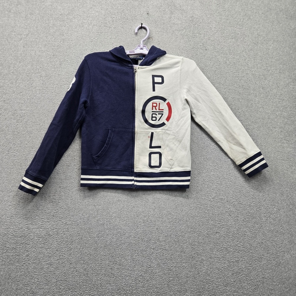 Polo Ralph Lauren Boys Hoodie S/P (8) Navy Blue Colorblock Flag Logo READ